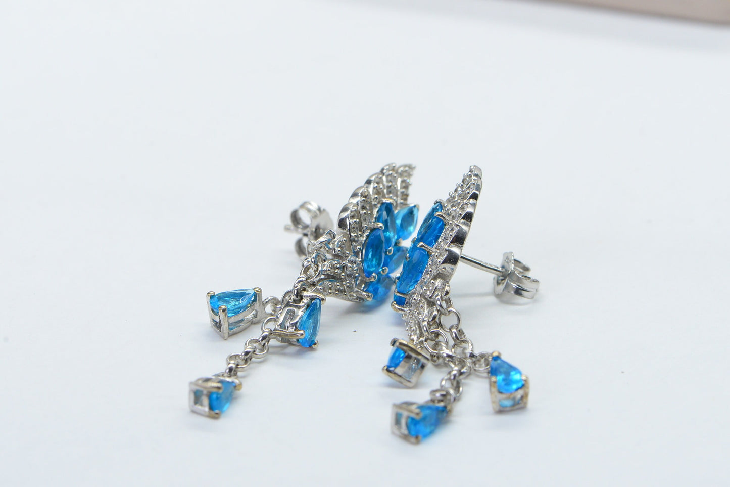 Neon Apatite Wing Earrings: Sterling Silver Drop Studs, March Birthstone