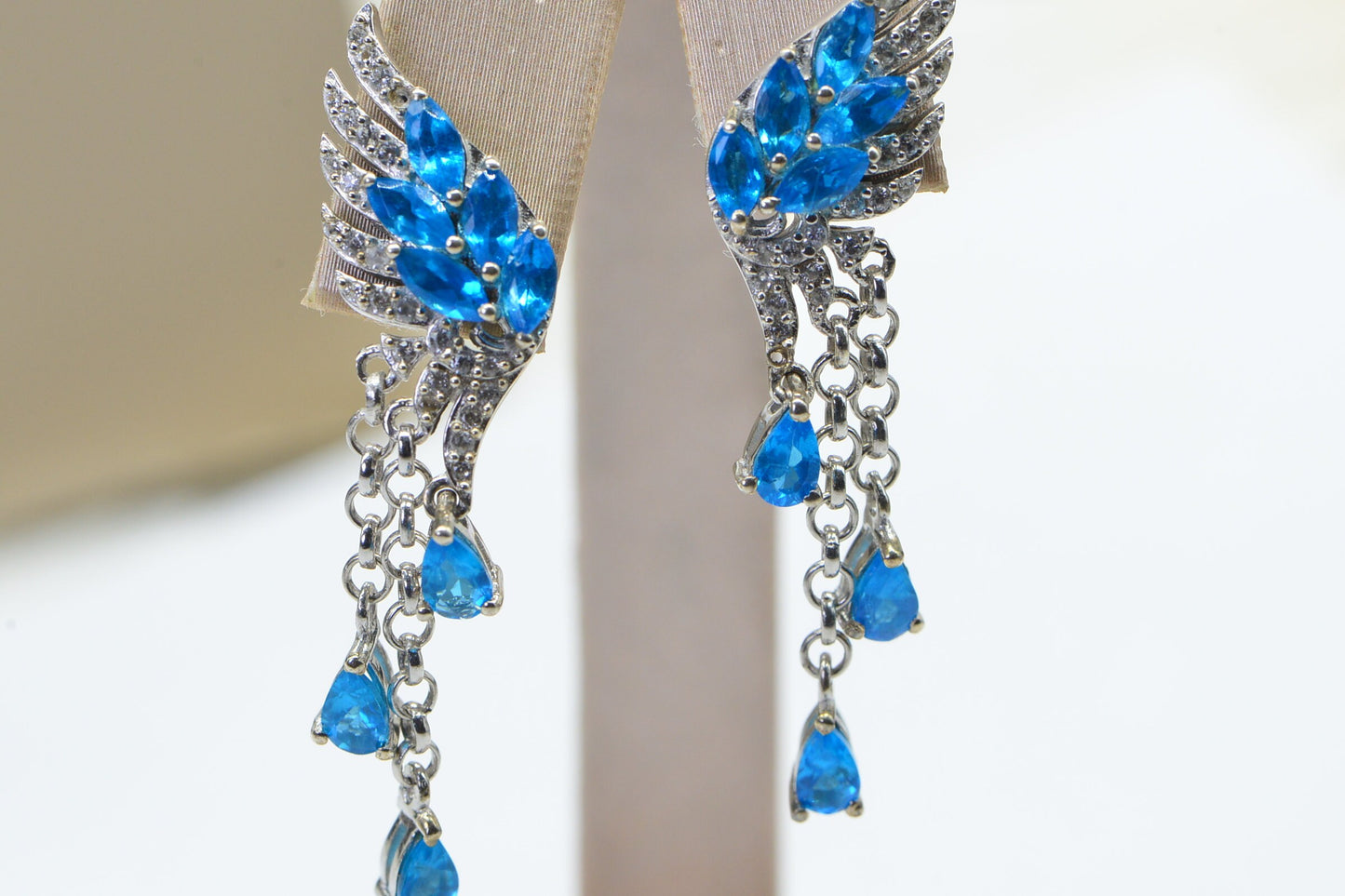 Neon Apatite Wing Earrings: Sterling Silver Drop Studs, March Birthstone