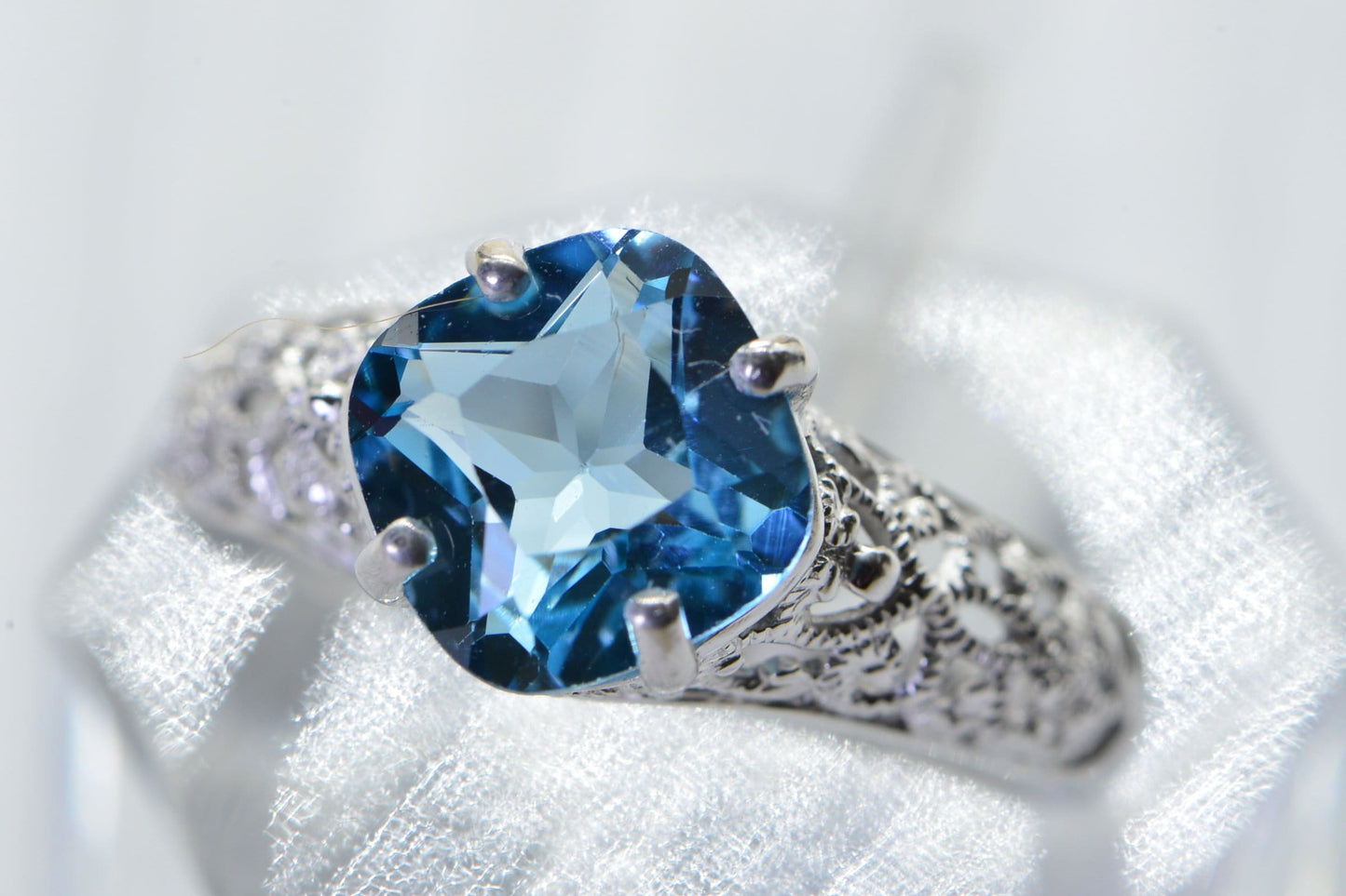 Blue Topaz Cushion Stone Ring: Filigree Rhodium Sterling Silver
