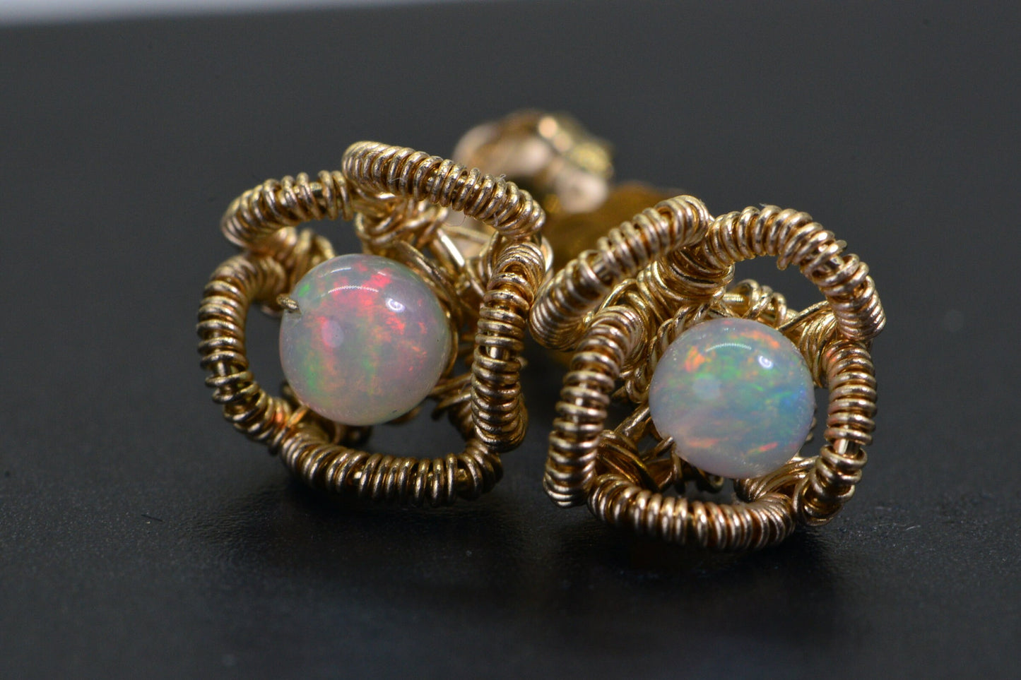 Handmade Ethiopian Opal Stud Earrings: 14K Gold Filled Flower