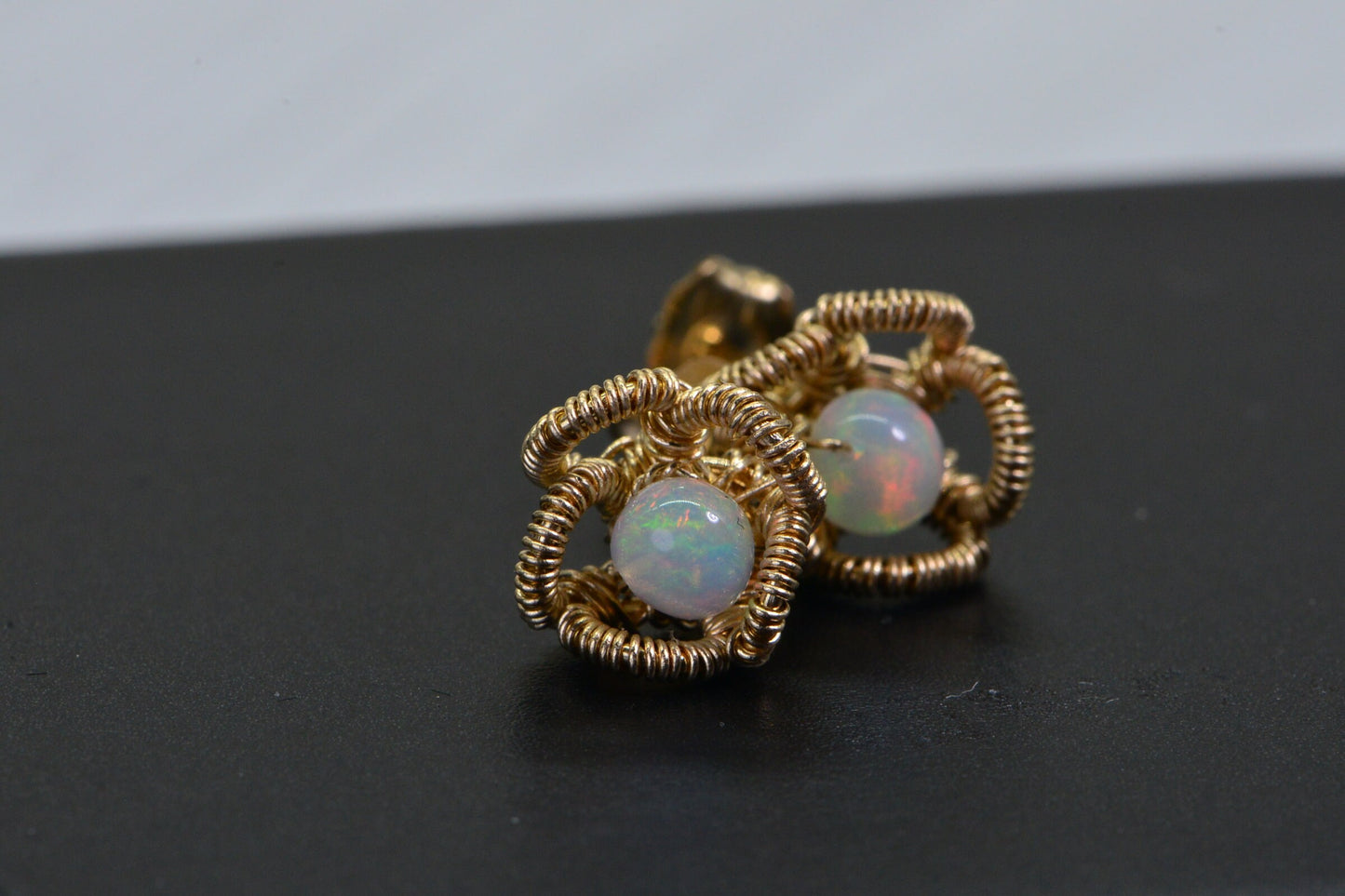 Handmade Ethiopian Opal Stud Earrings: 14K Gold Filled Flower