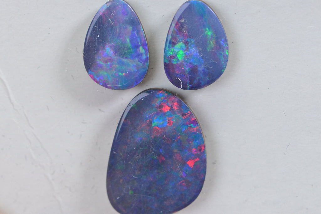 5.52ct 3 stone Australian Black Opal Metallic Rainbow Freeform long Teardrop