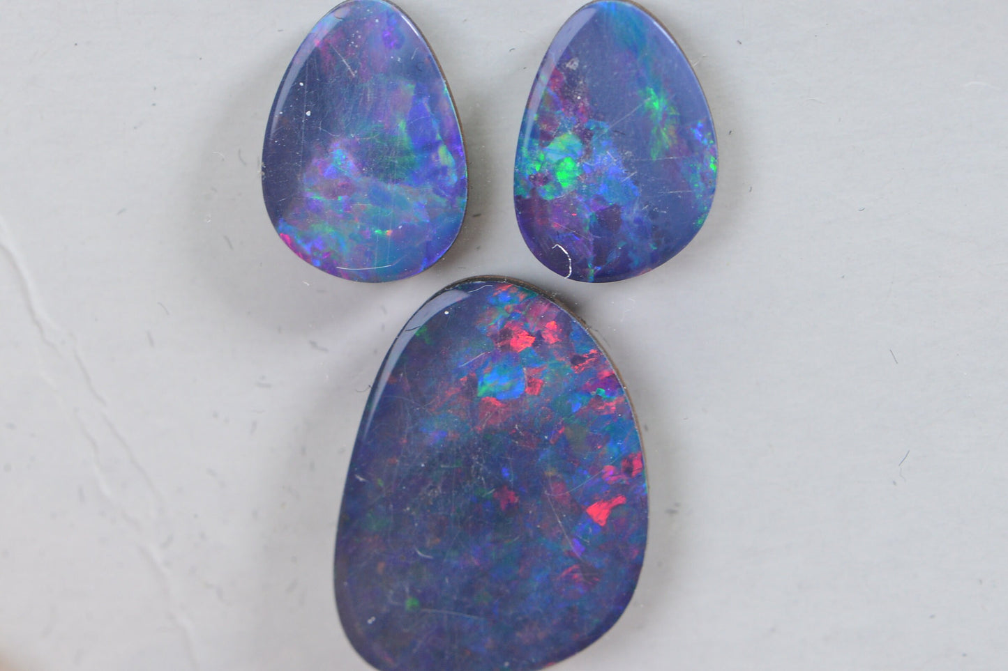 5.52ct 3 stone Australian Black Opal Metallic Rainbow Freeform long Teardrop