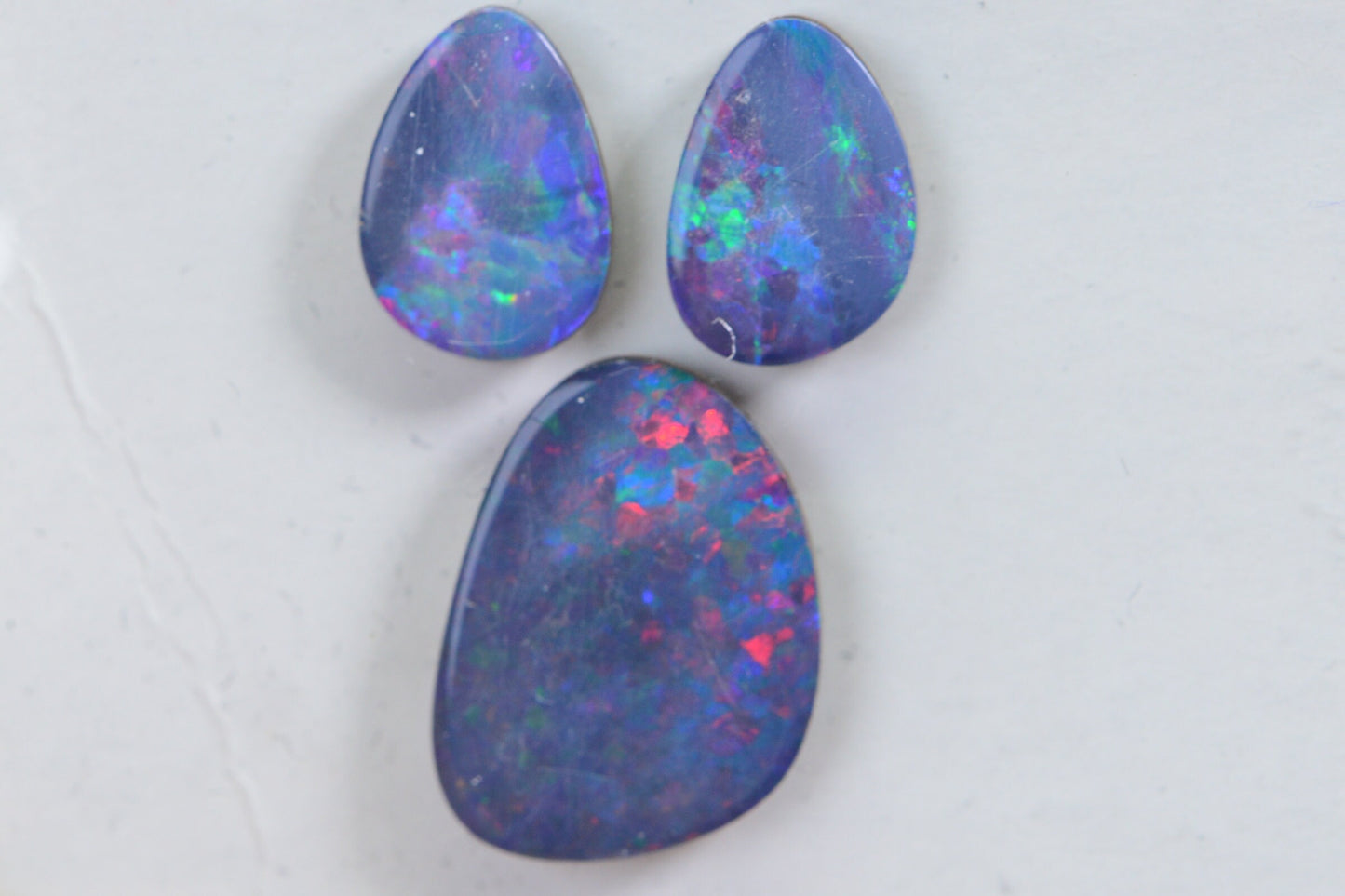 5.52ct 3 stone Australian Black Opal Metallic Rainbow Freeform long Teardrop