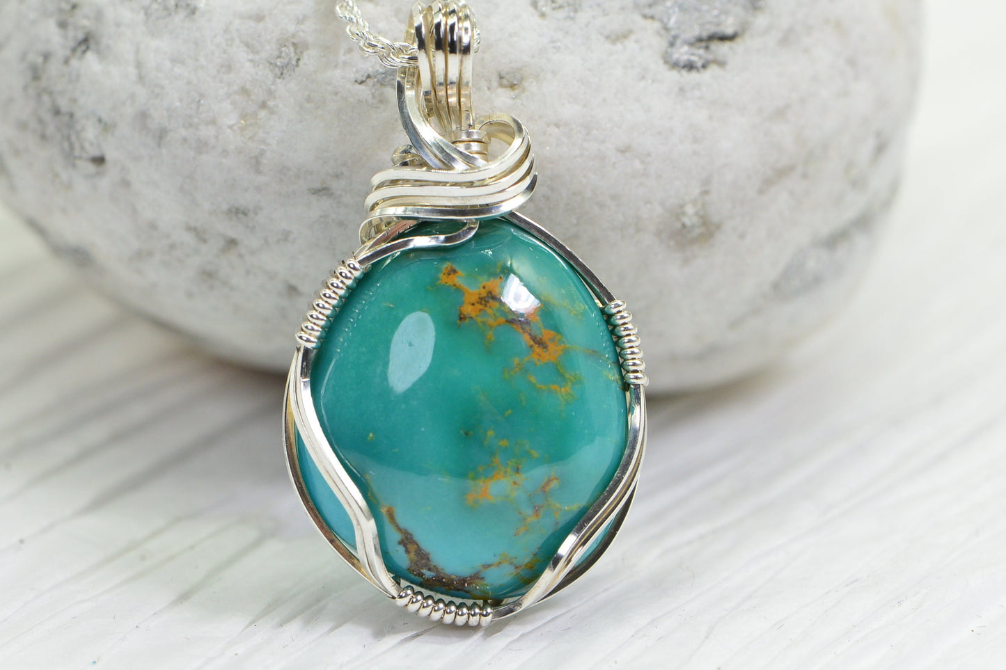 Kingman Turquoise Pendant, Sterling Silver Wire Wrapped Jewelry