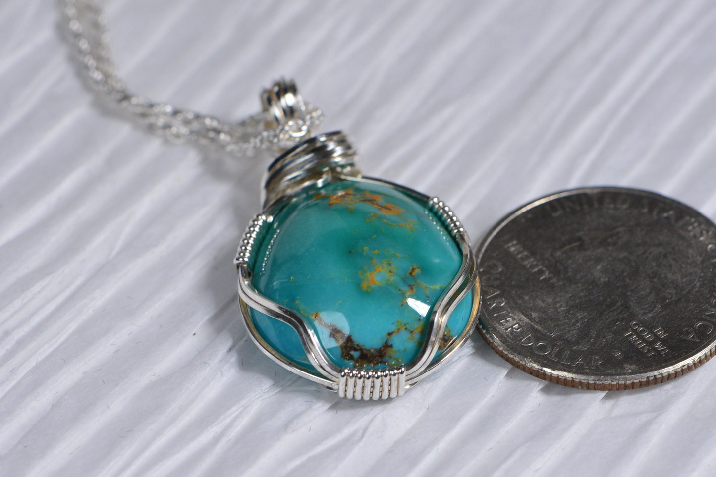 Kingman Turquoise Pendant, Sterling Silver Wire Wrapped Jewelry