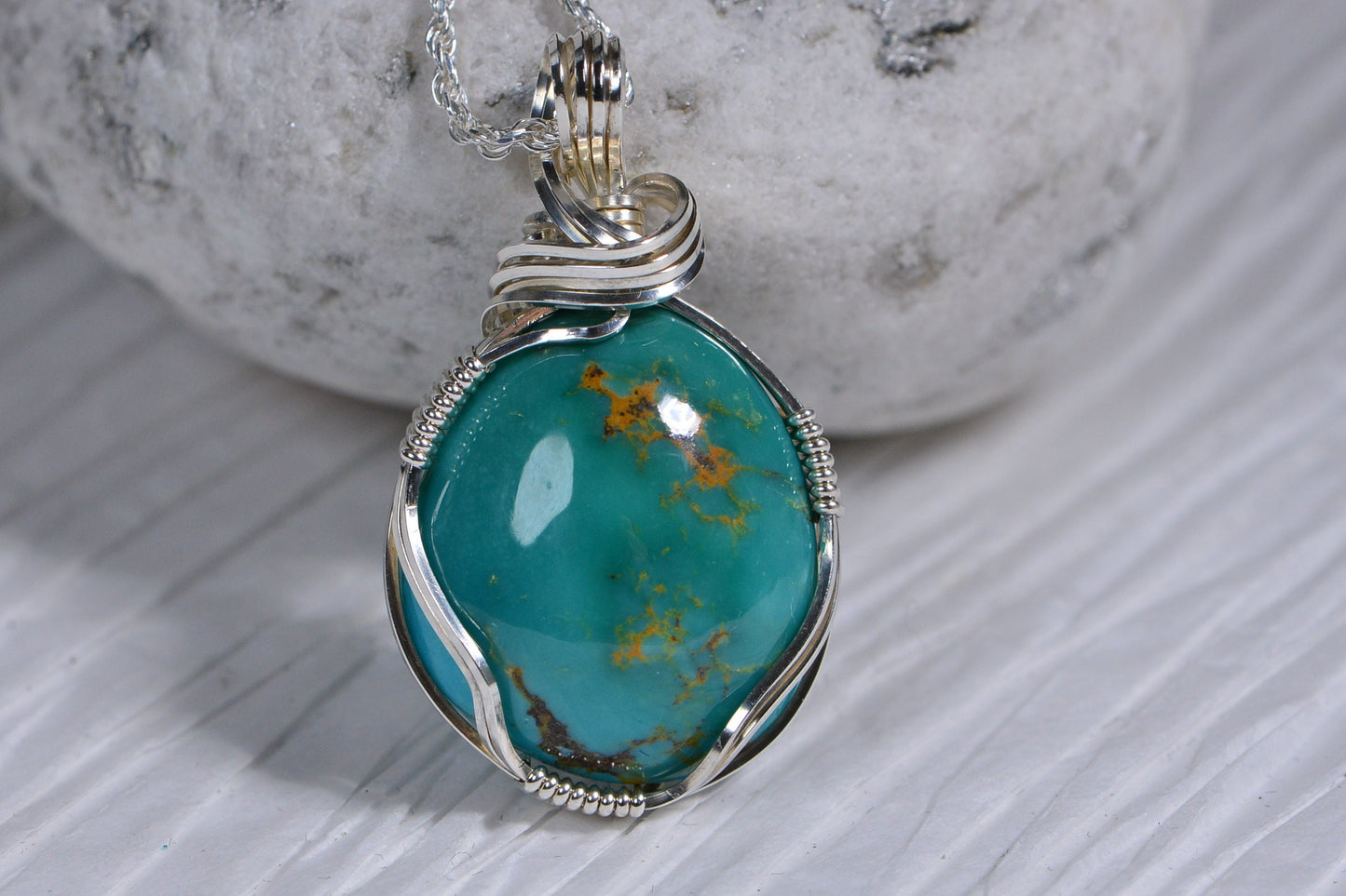 Kingman Turquoise Pendant, Sterling Silver Wire Wrapped Jewelry