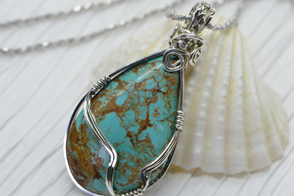 Kingman Turquoise Wire Wrapped Sterling silver Hand Cut Cabochon Raw Turquoise
