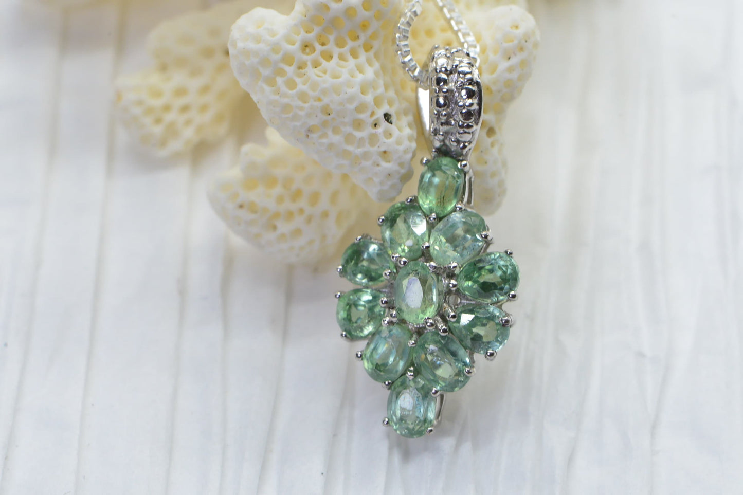 Green Sapphire Flower Cluster Pendant Necklace: Sterling Silver Floral Design