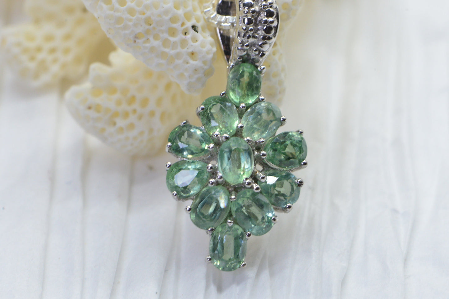 Green Sapphire Flower Cluster Pendant Necklace: Sterling Silver Floral Design