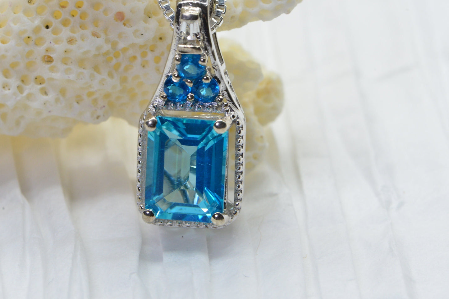 Emerald Cut Blue Topaz Sterling Silver Pendant Necklace - Halo Style
