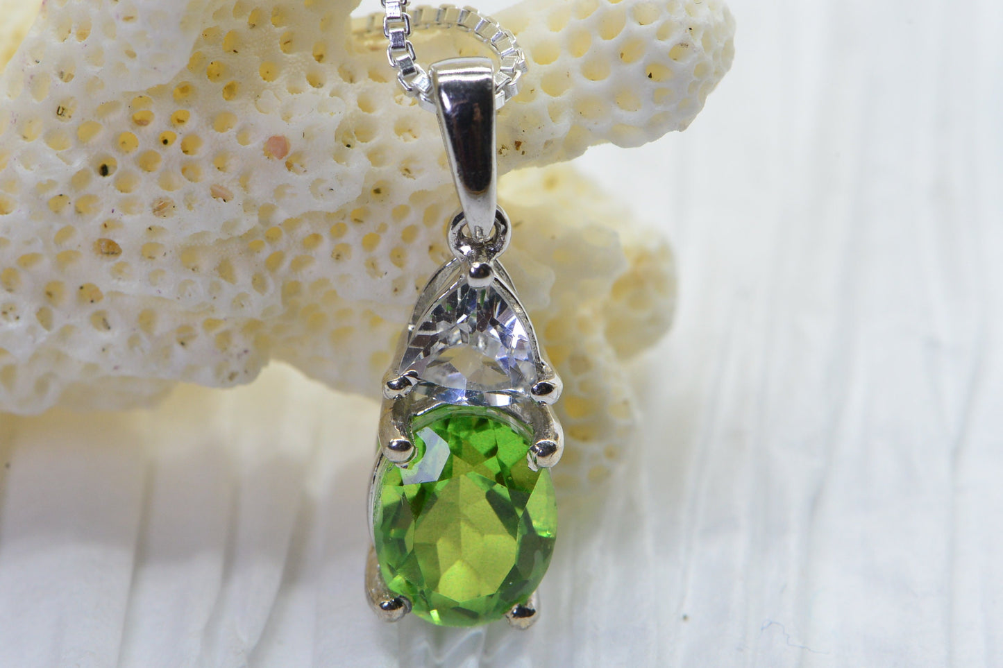 Small Natural Peridot and White Topaz Pendant Oval Style Sterling Silver   Birthstone Jewelry
