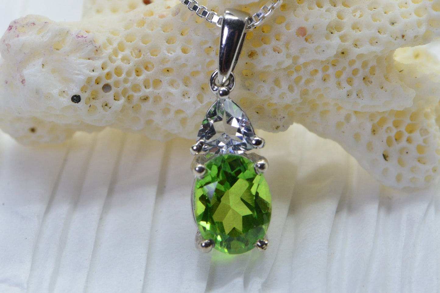 Small Natural Peridot and White Topaz Pendant Oval Style Sterling Silver   Birthstone Jewelry