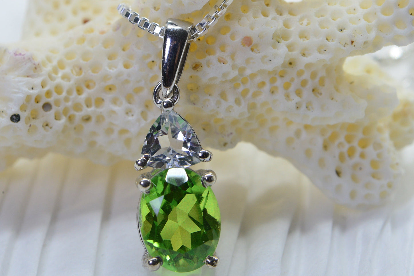 Small Natural Peridot and White Topaz Pendant Oval Style Sterling Silver   Birthstone Jewelry