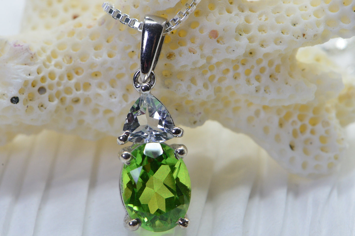 Small Natural Peridot and White Topaz Pendant Oval Style Sterling Silver   Birthstone Jewelry