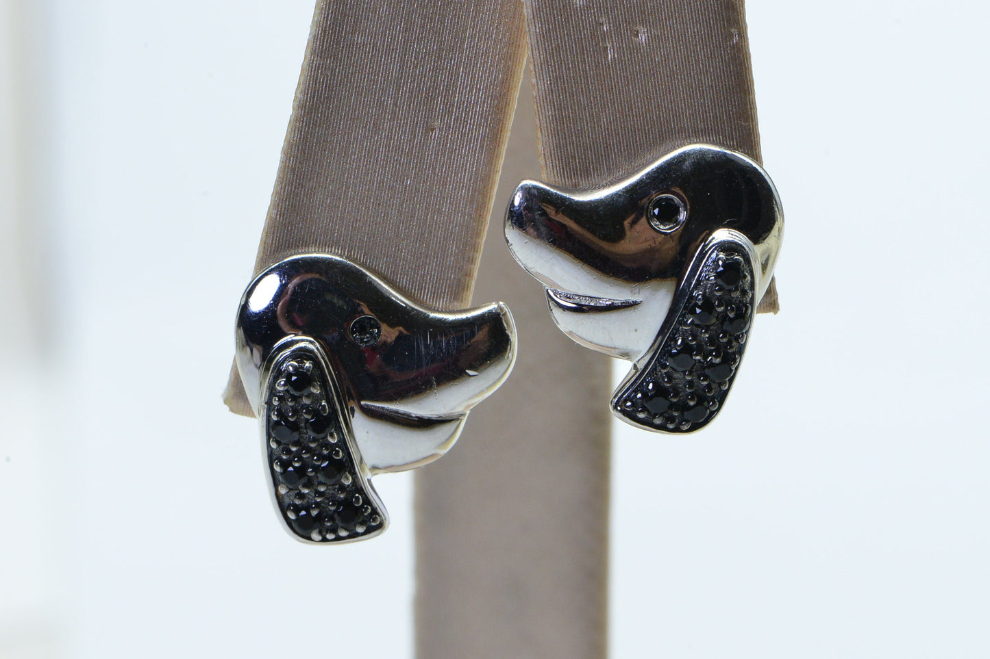 Dog Head Stud Earrings Black Tourmaline Sparkly Silver Solid Vintage Earrings