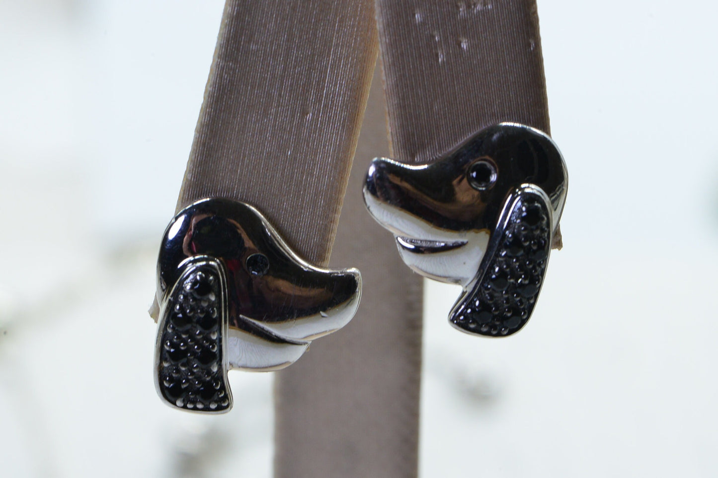 Dog Head Stud Earrings Black Tourmaline Sparkly Silver Solid Vintage Earrings