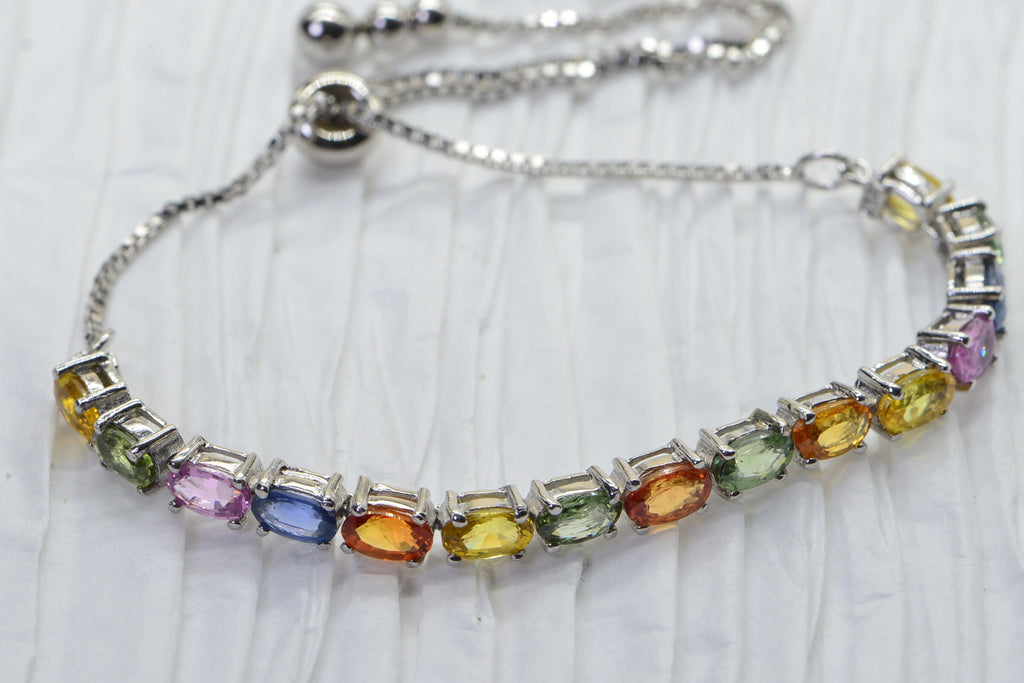 Multi Color Sapphire Bracelet: Sterling Silver Oval Tennis Bracelet