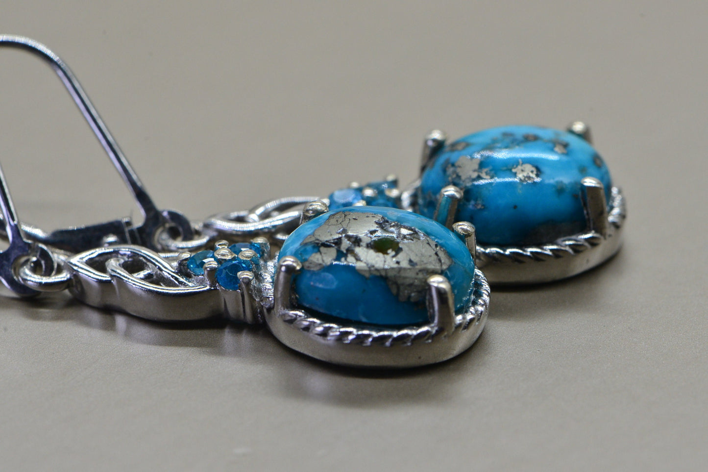 Sleeping Beauty Turquoise Pyrite Earrings: Sterling Silver Dangle with Apatite