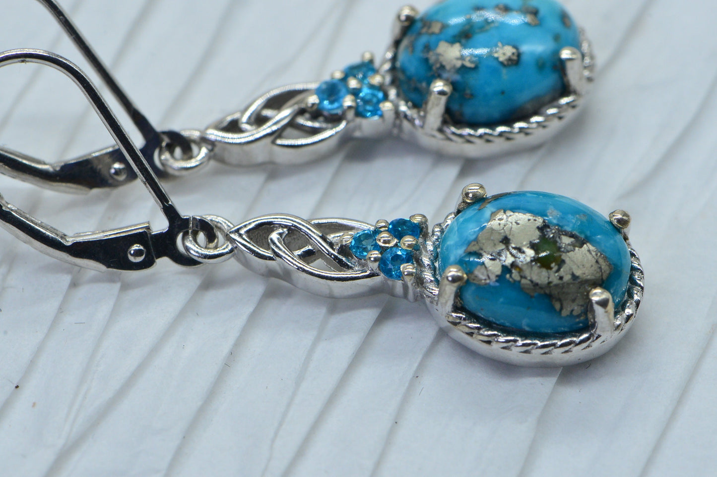Sleeping Beauty Turquoise Pyrite Earrings: Sterling Silver Dangle with Apatite