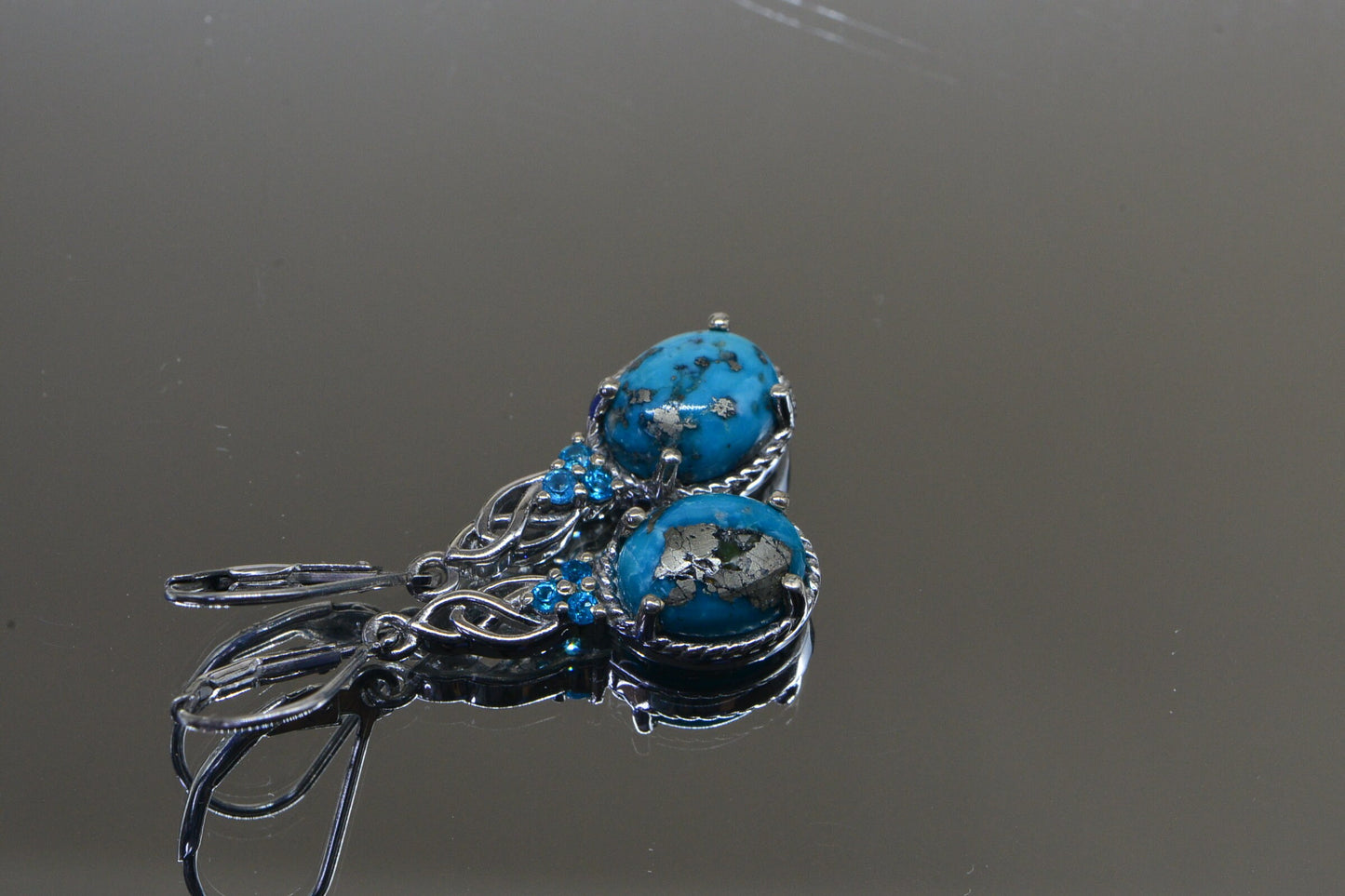 Sleeping Beauty Turquoise Pyrite Earrings: Sterling Silver Dangle with Apatite