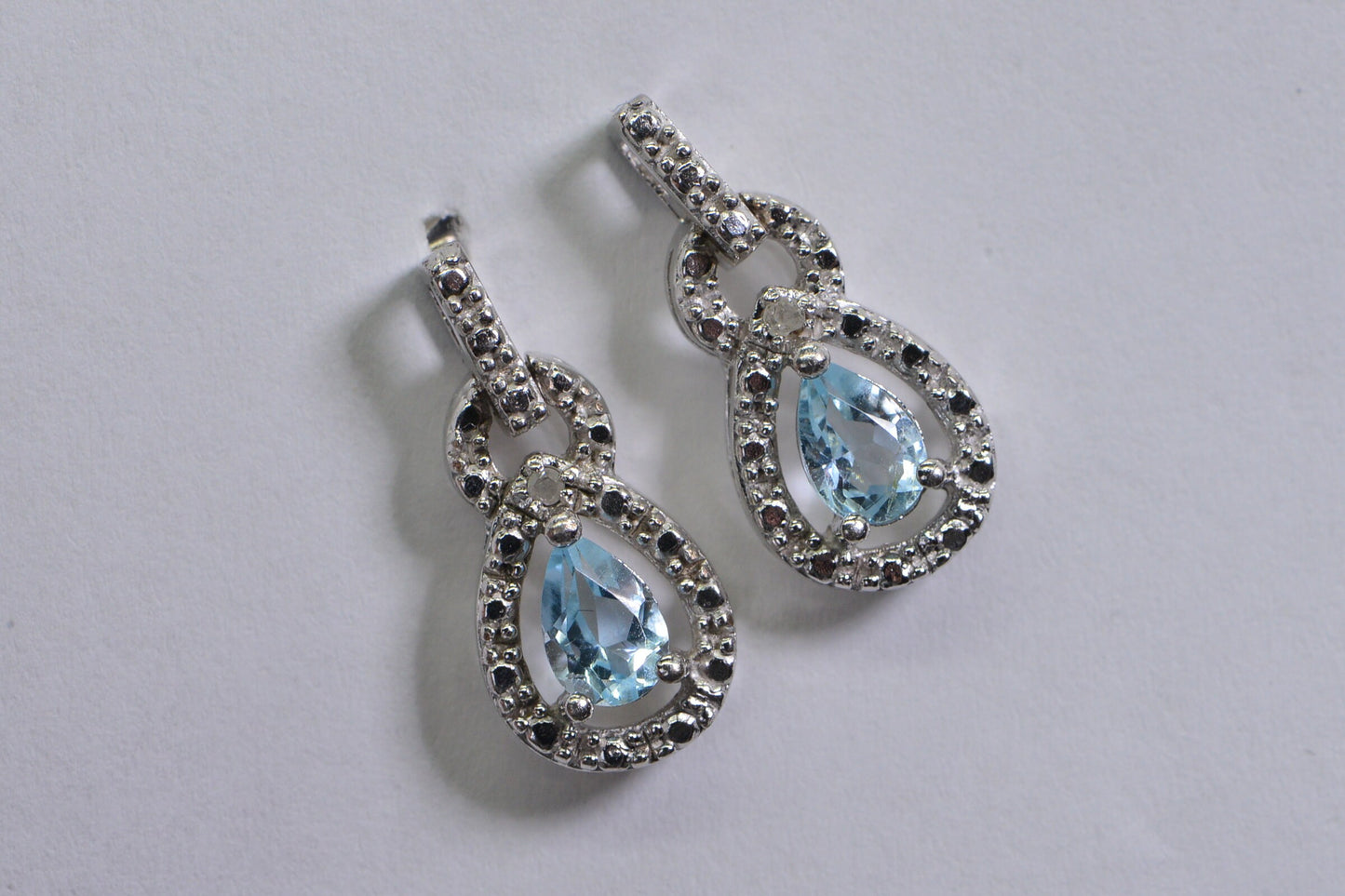 Aquamarine Diamond Sterling Silver Stud Earrings: Pear Cut, March Birthday