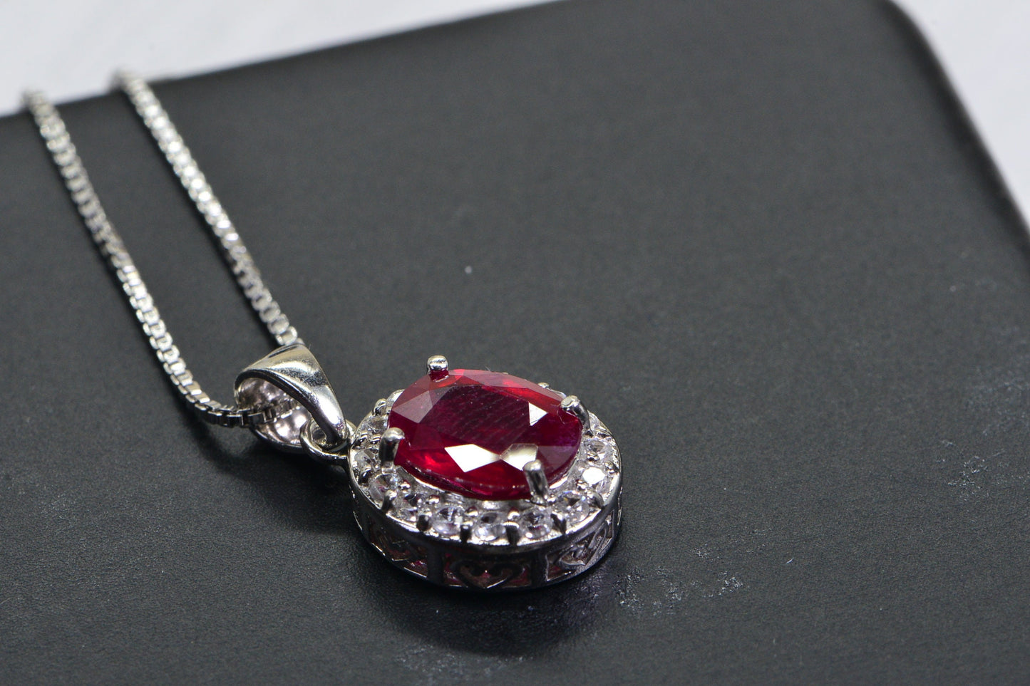Vintage Ruby Halo Pendant, Diamond Accent, Sterling Silver