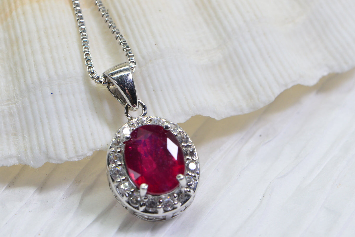 Vintage Ruby Halo Pendant, Diamond Accent, Sterling Silver