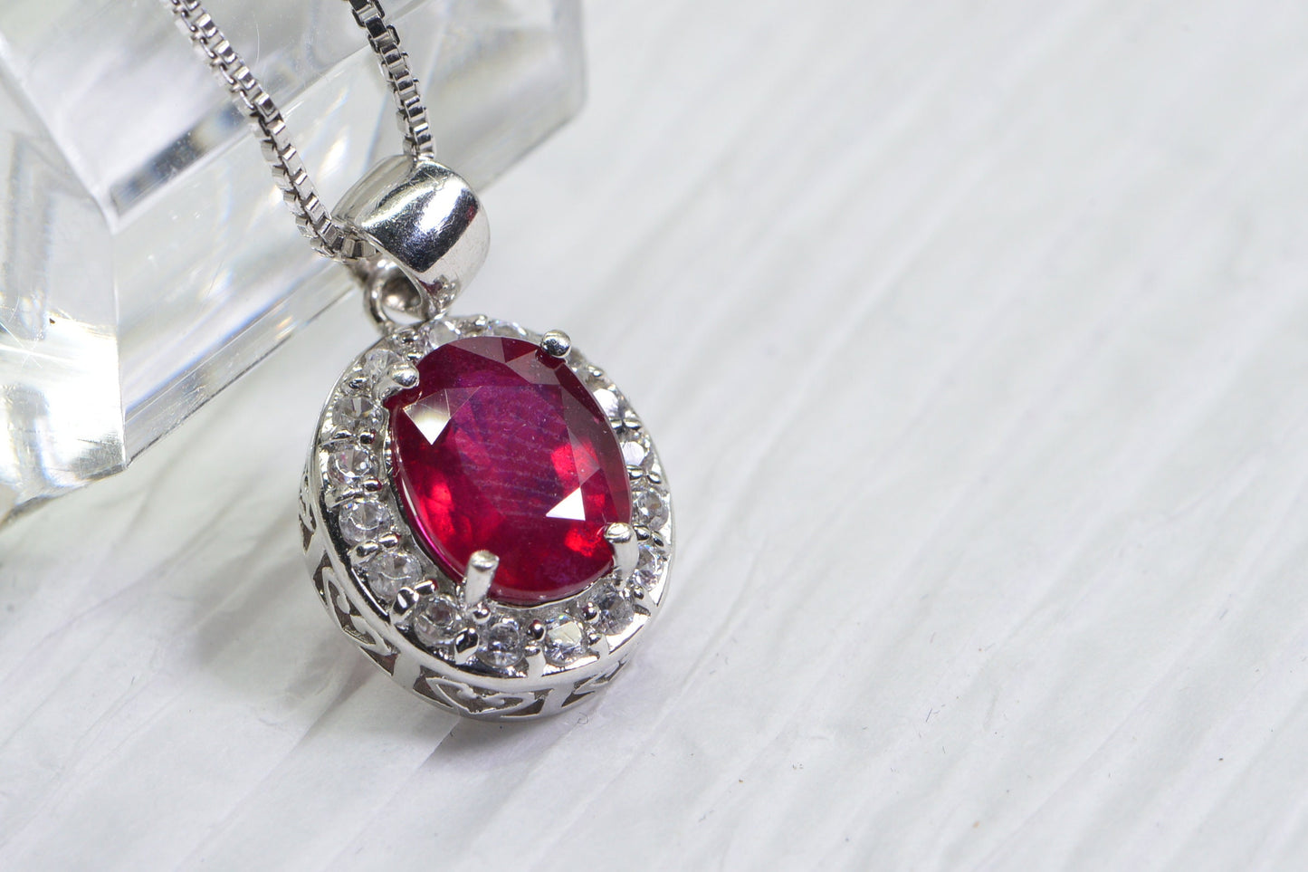 Vintage Ruby Halo Pendant, Diamond Accent, Sterling Silver