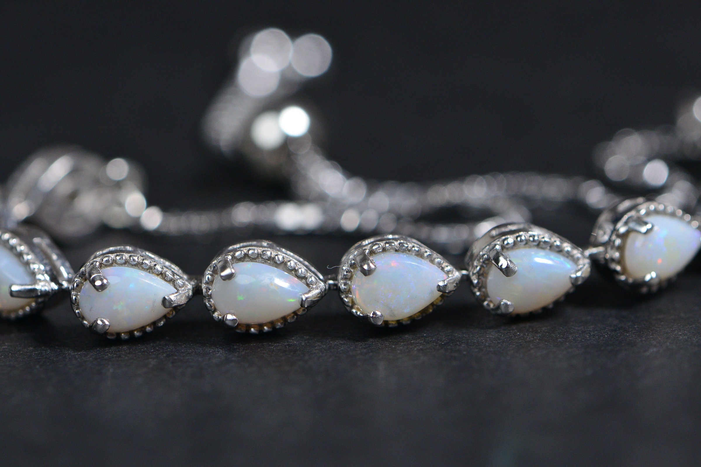 White Opal Teardrop Bracelet: Sterling Silver Bolo Adjustable Bracelet