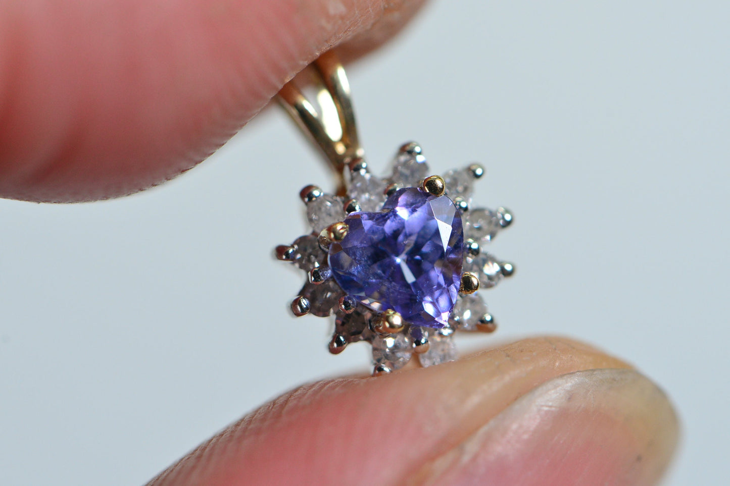 Vintage 10K Yellow Gold Tanzanite Heart Pendant with Diamond Halo