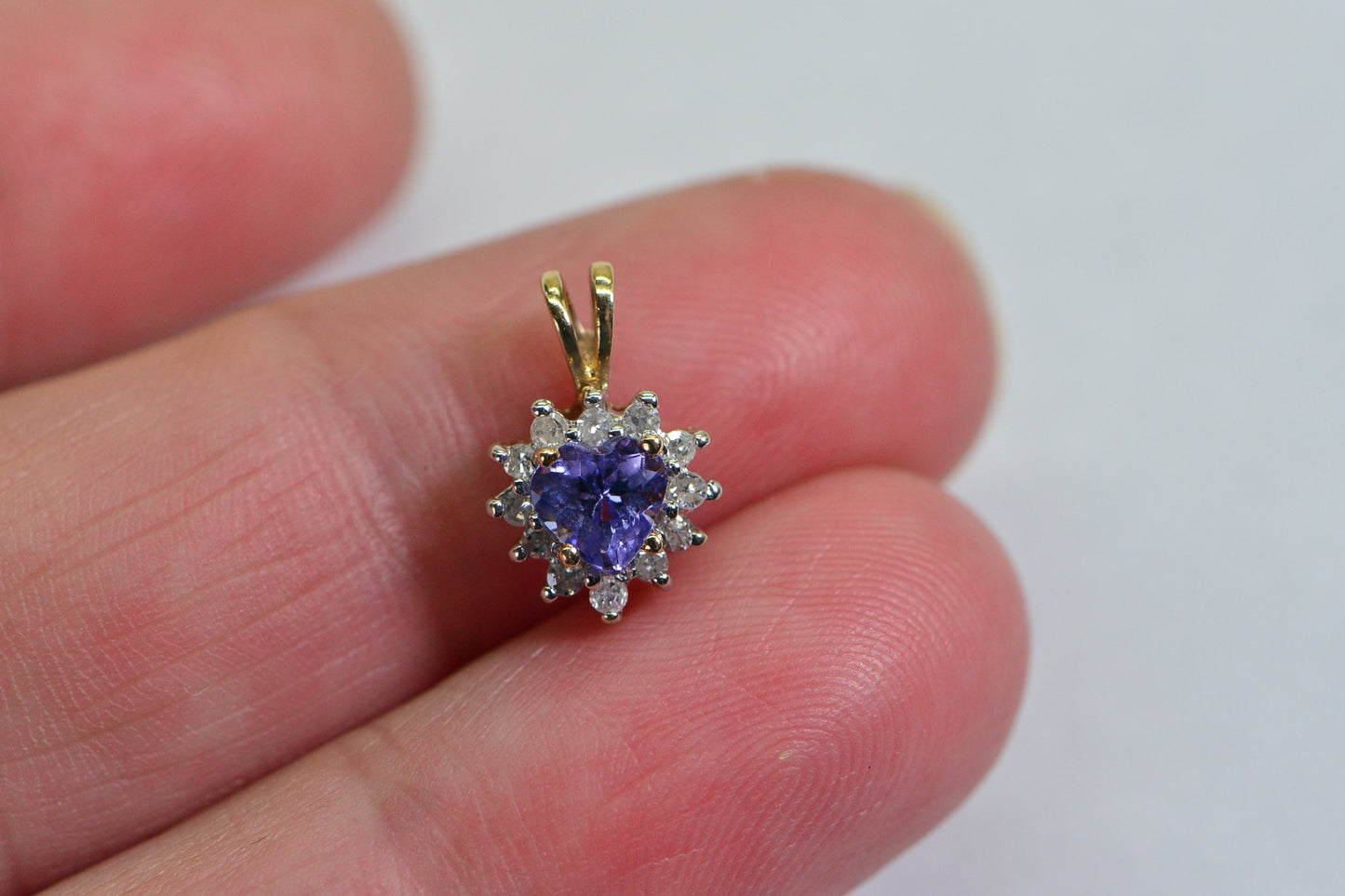Vintage 10K Yellow Gold Tanzanite Heart Pendant with Diamond Halo