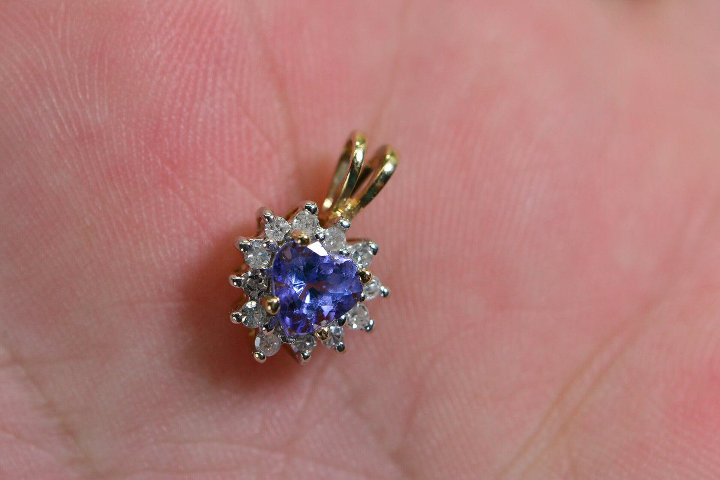 Vintage 10K Yellow Gold Tanzanite Heart Pendant with Diamond Halo