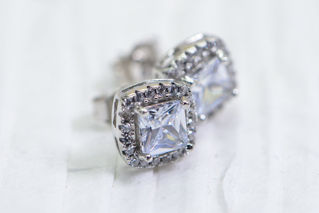 Princess Cut Halo Stud Earrings: Simulated Diamond, Sterling Silver