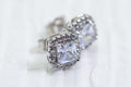 Princess Cut Halo Stud Earrings: Simulated Diamond, Sterling Silver