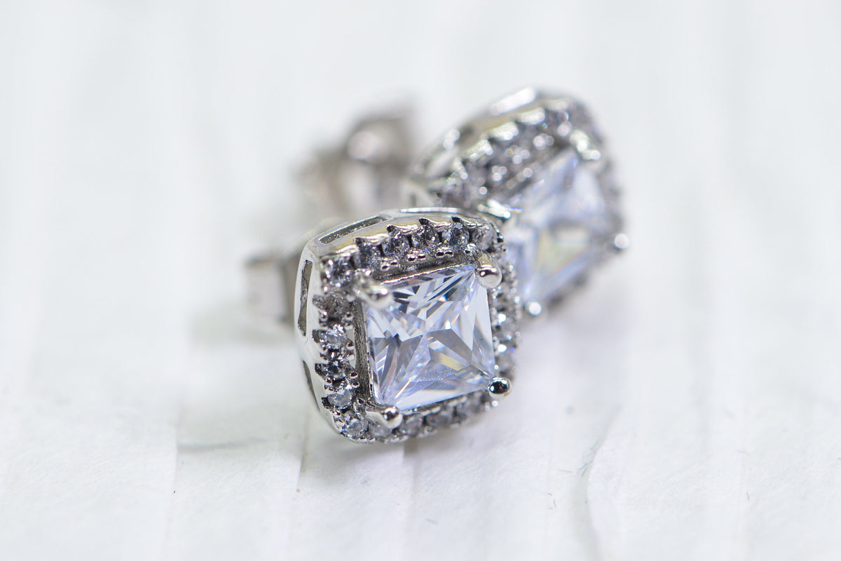 Princess Cut Halo Stud Earrings: Simulated Diamond, Sterling Silver