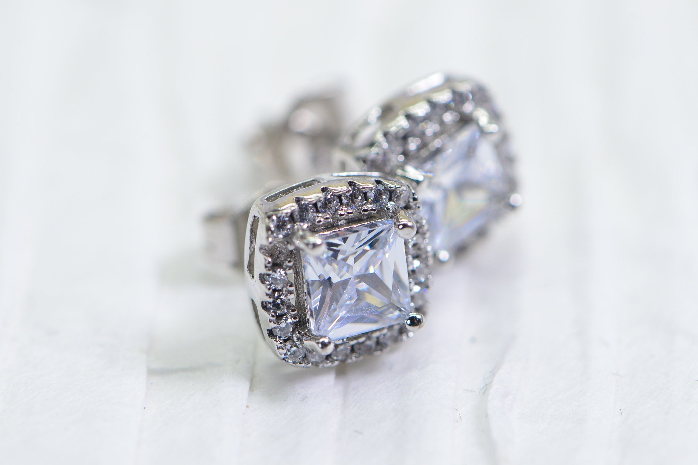 Princess Cut Halo Stud Earrings: Simulated Diamond, Sterling Silver