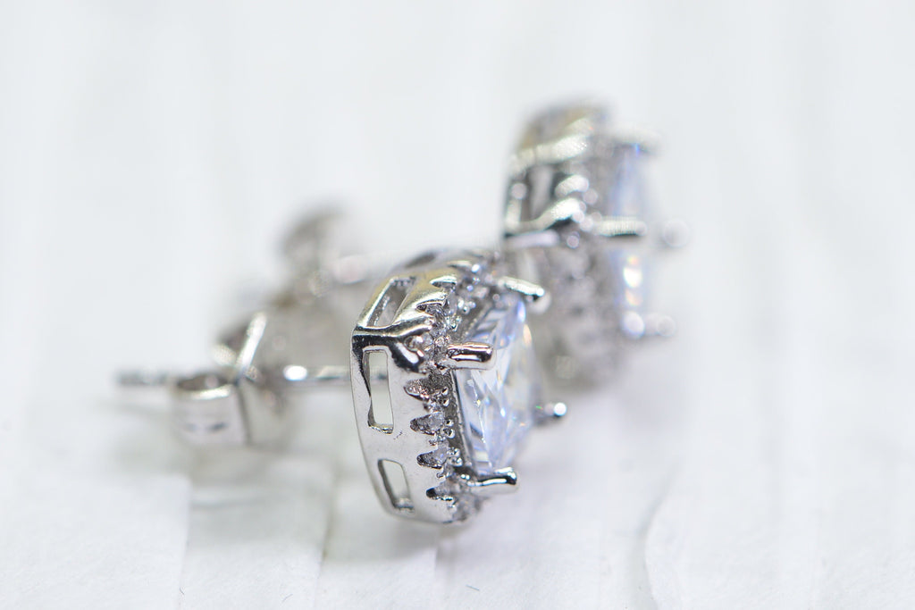 Princess Cut Halo Stud Earrings: Simulated Diamond, Sterling Silver