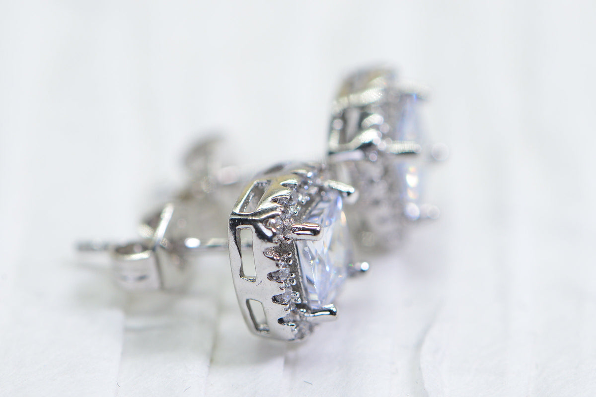 Princess Cut Halo Stud Earrings: Simulated Diamond, Sterling Silver