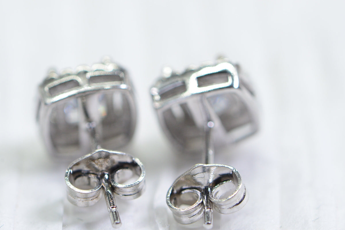 Princess Cut Halo Stud Earrings: Simulated Diamond, Sterling Silver