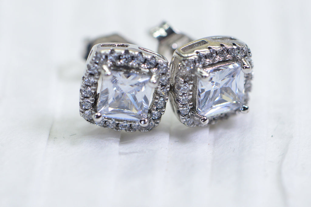 Princess Cut Halo Stud Earrings: Simulated Diamond, Sterling Silver