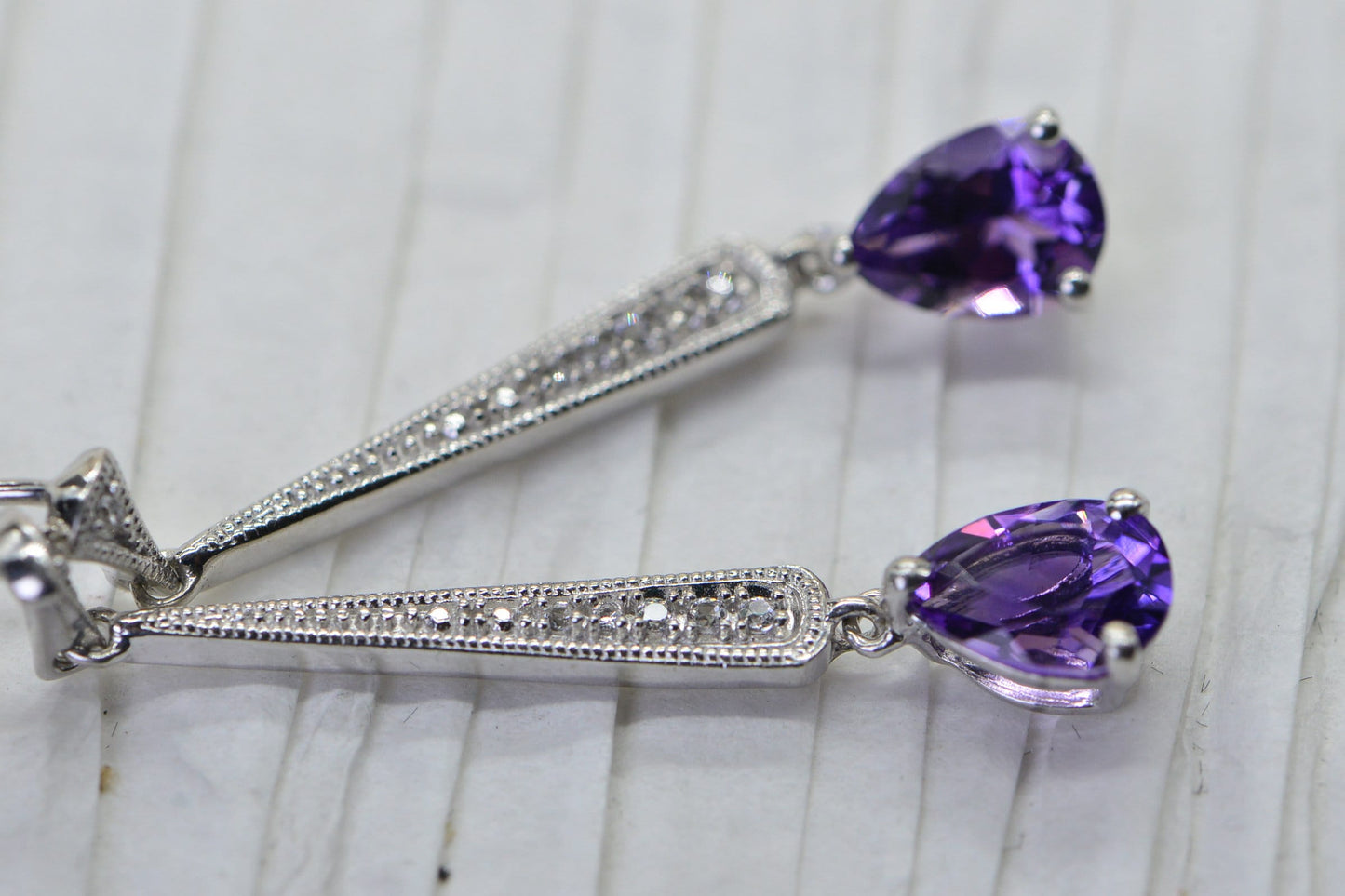 Amethyst Teardrop Earrings: Sterling Silver Studs with Diamond Accent