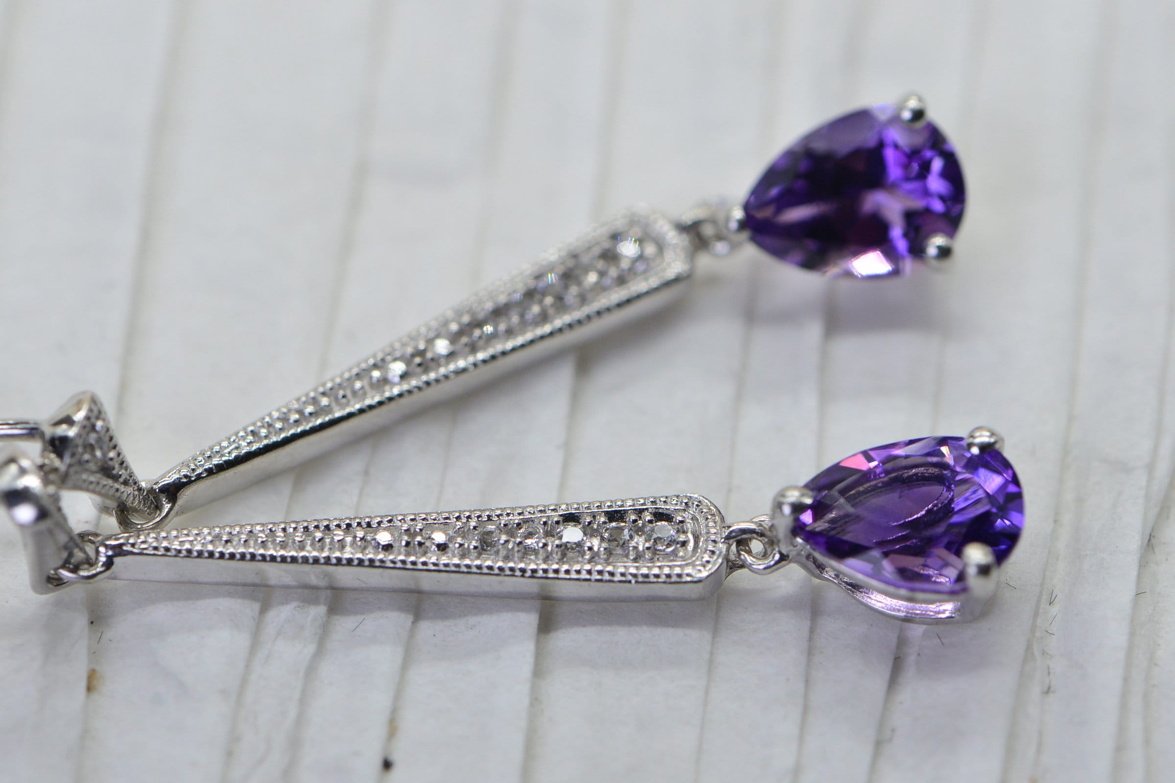 Amethyst Teardrop Earrings: Sterling Silver Studs with Diamond Accent