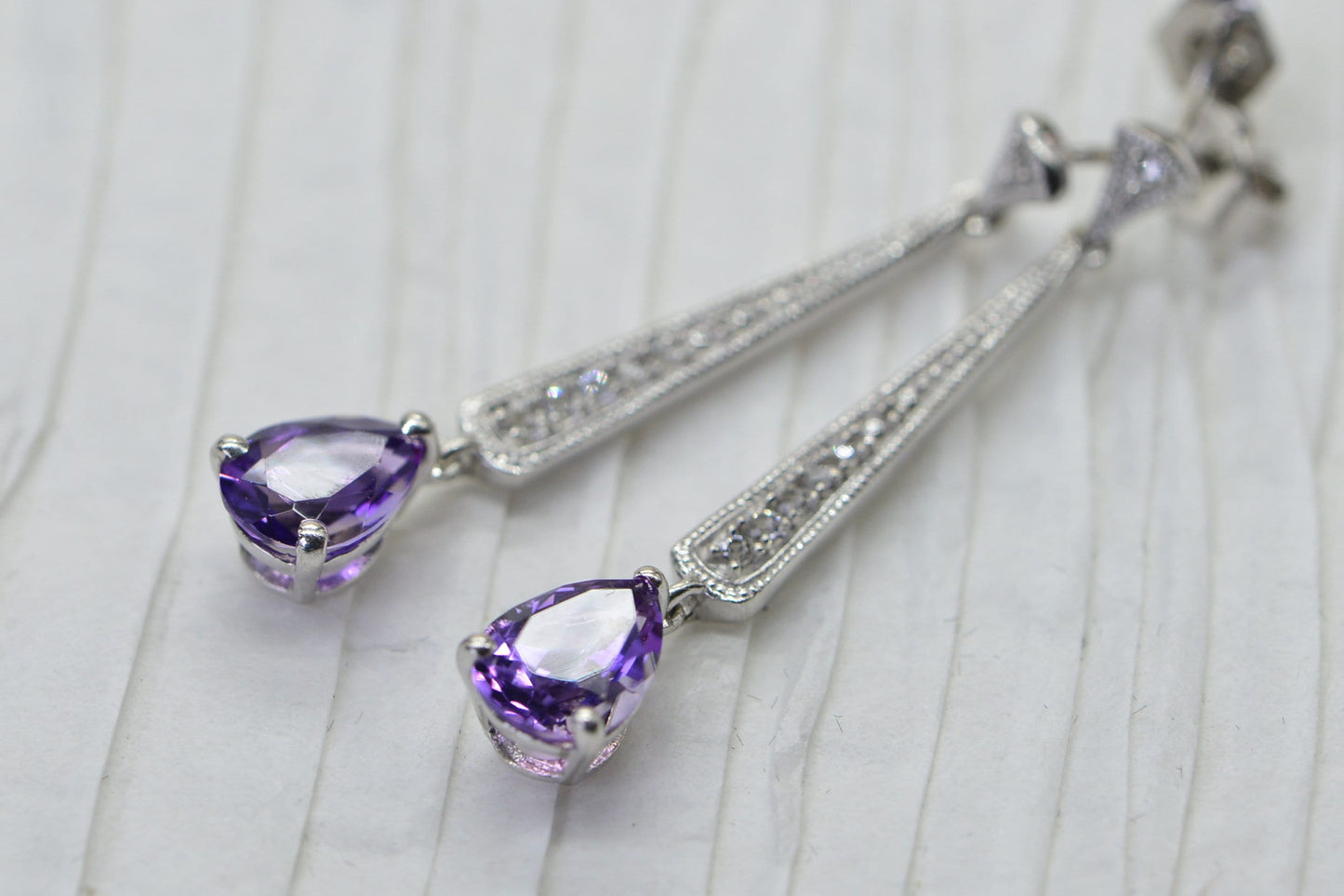 Amethyst Teardrop Earrings: Sterling Silver Studs with Diamond Accent
