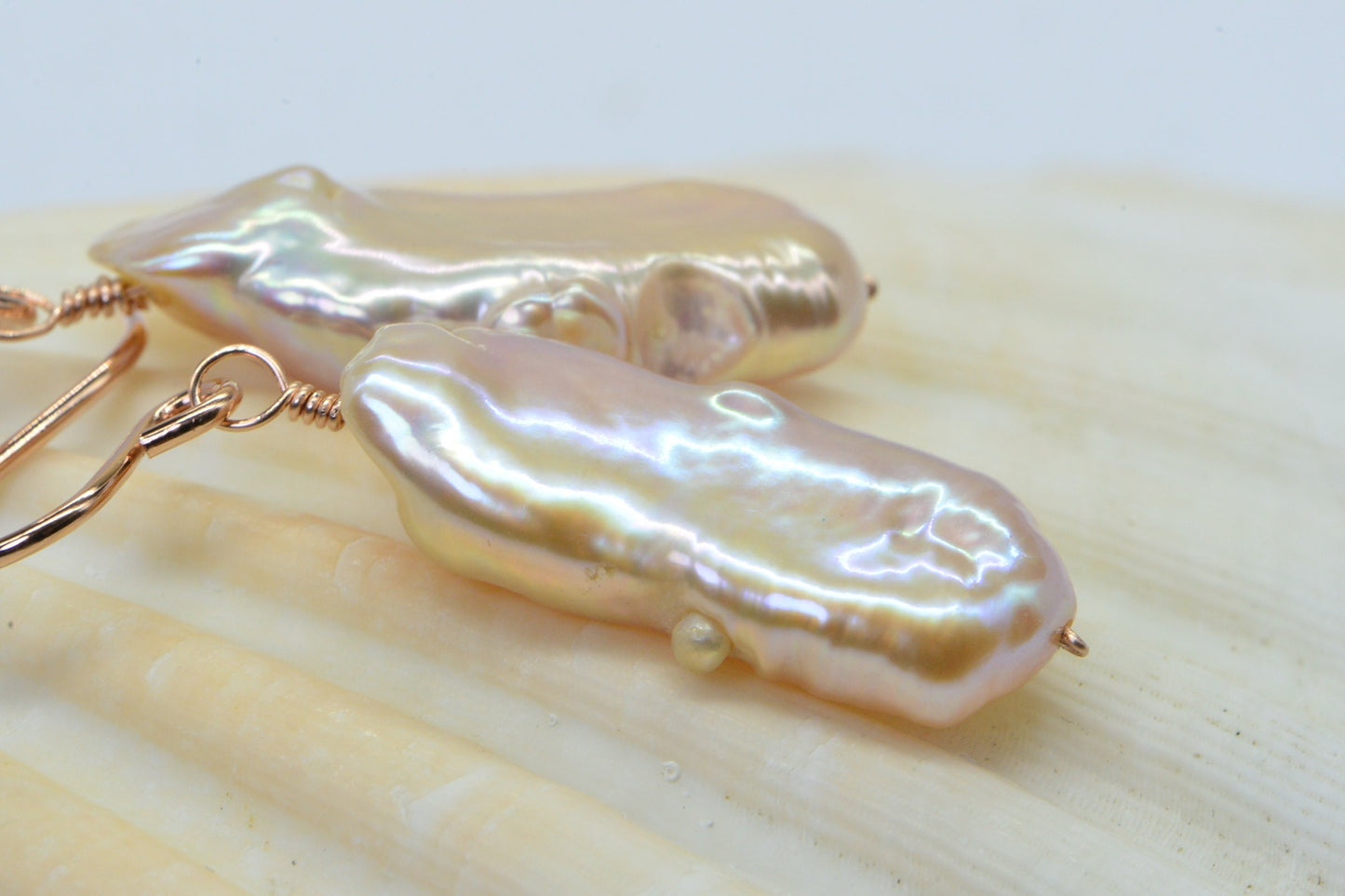 Biwa Pearl Earrings: Long Baroque Rose Gold Filled Jewelry