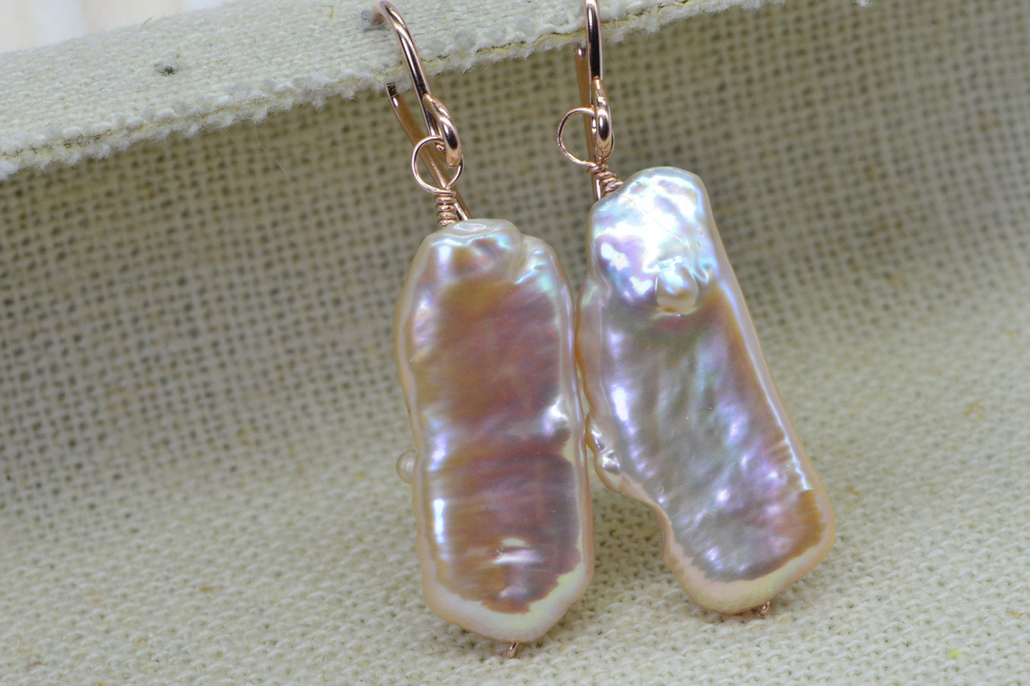 Biwa Pearl Earrings: Long Baroque Rose Gold Filled Jewelry