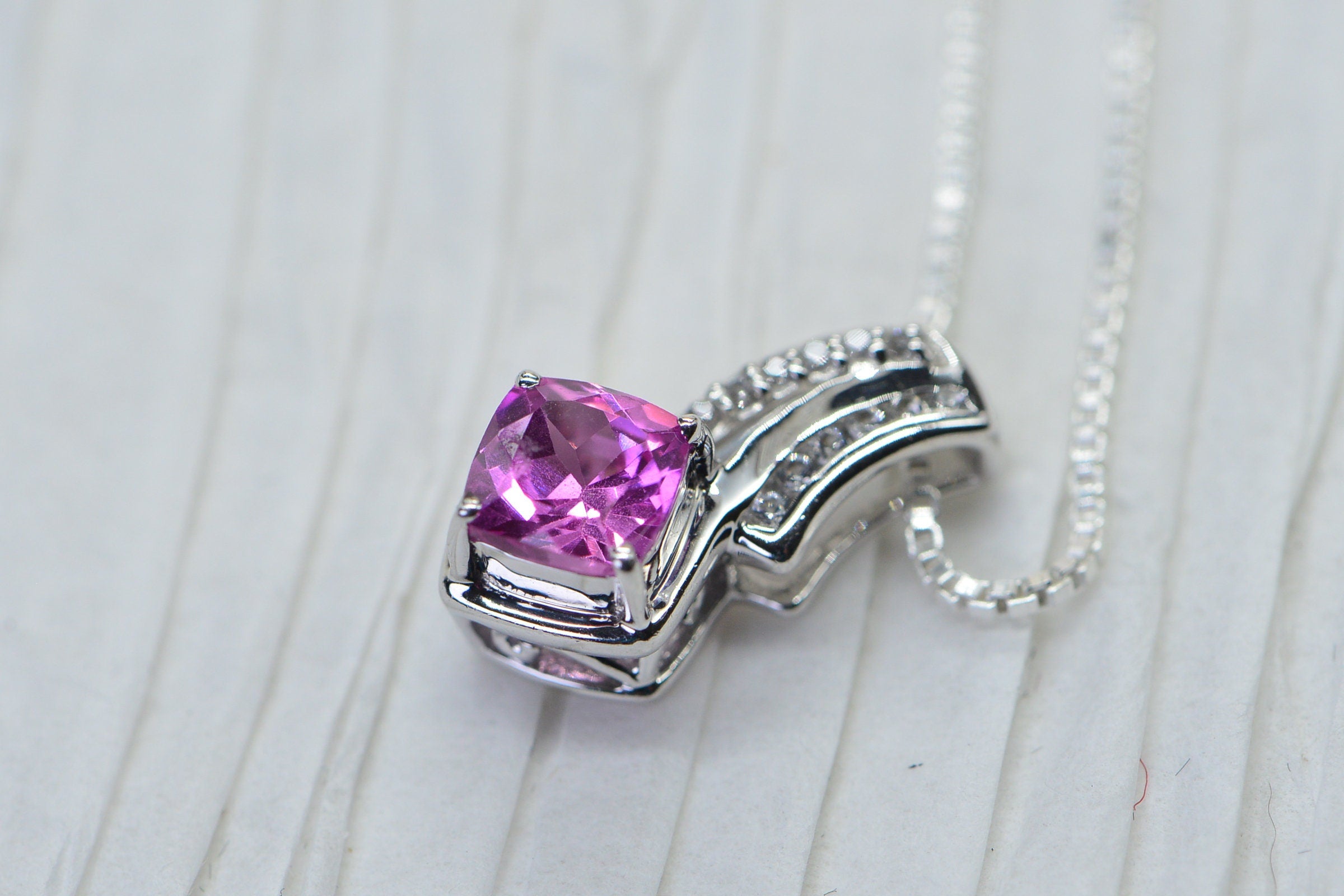 Pink Sapphire Diamond Tiny Pendant Princess Cut Sterling Silver Rhodium