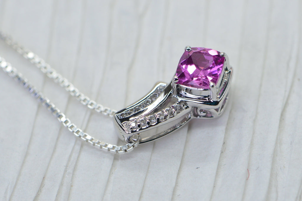 Pink Sapphire Diamond Tiny Pendant Princess Cut Sterling Silver Rhodium