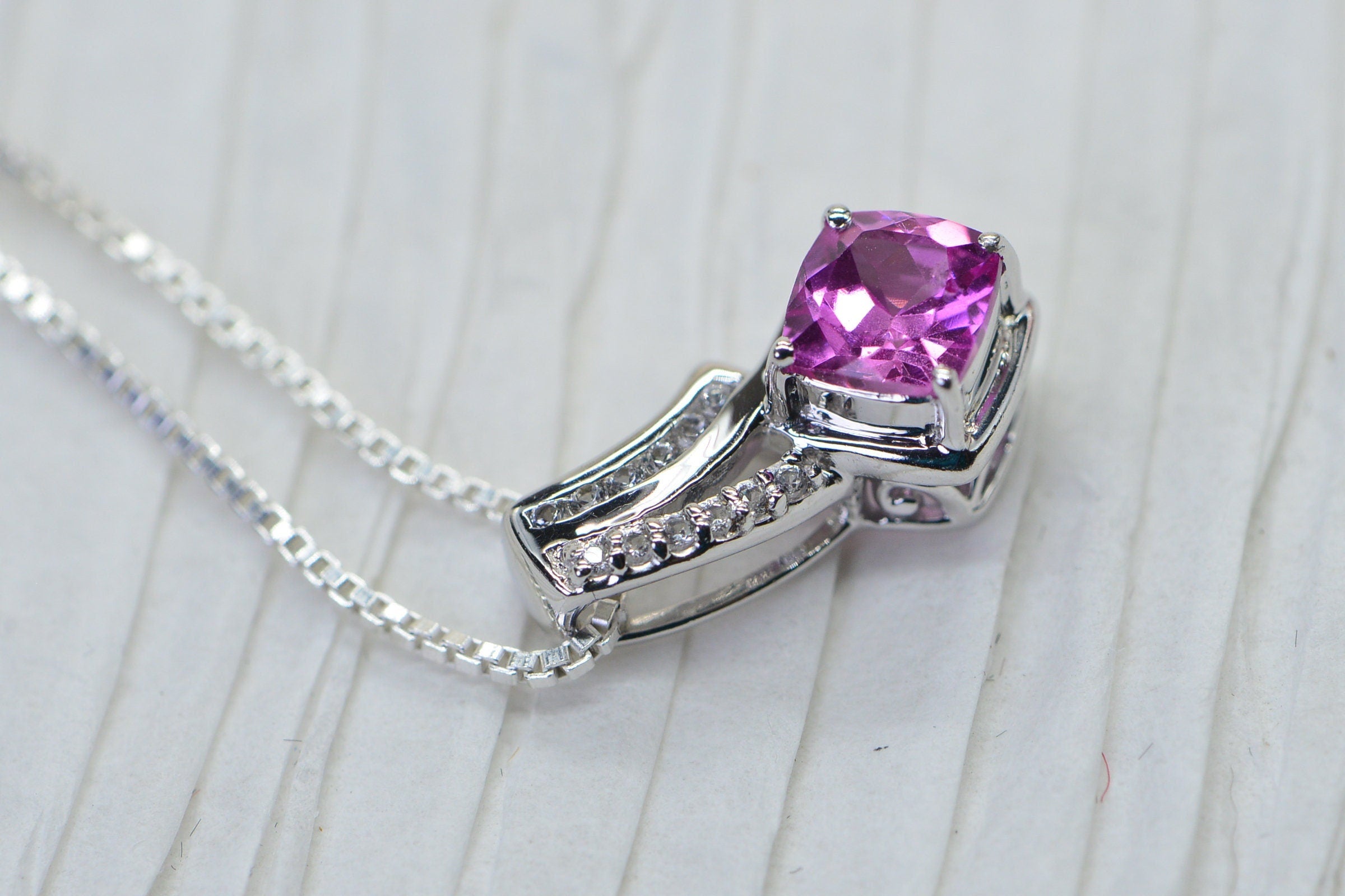 Pink Sapphire Diamond Tiny Pendant Princess Cut Sterling Silver Rhodium