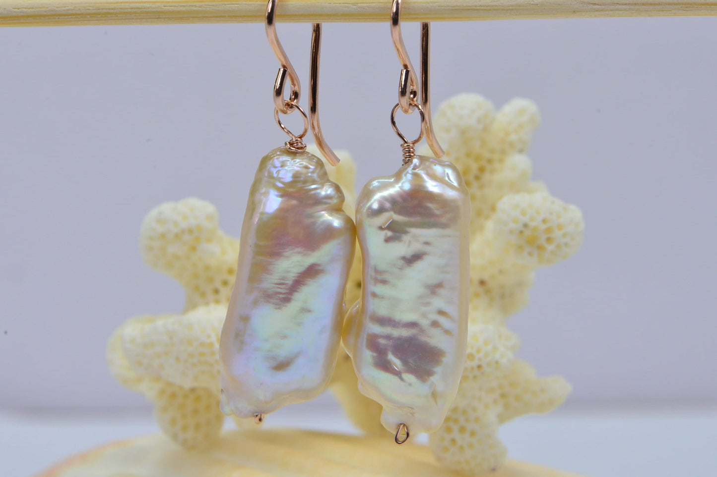 Biwa Pearl Earrings: Long Baroque Rose Gold Filled Jewelry